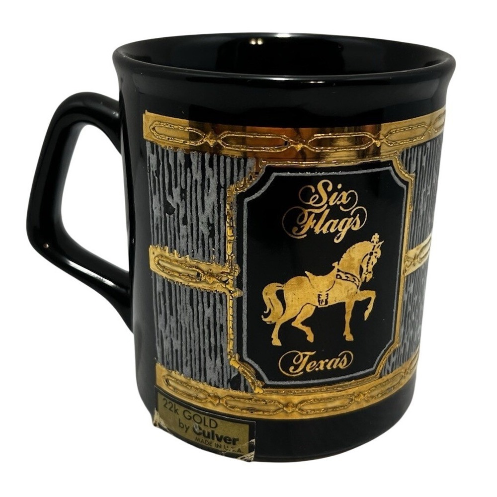 22k Gold By Culver Coffee Cup Six Flags Texas Mug Blue With Handle Vintage 4"